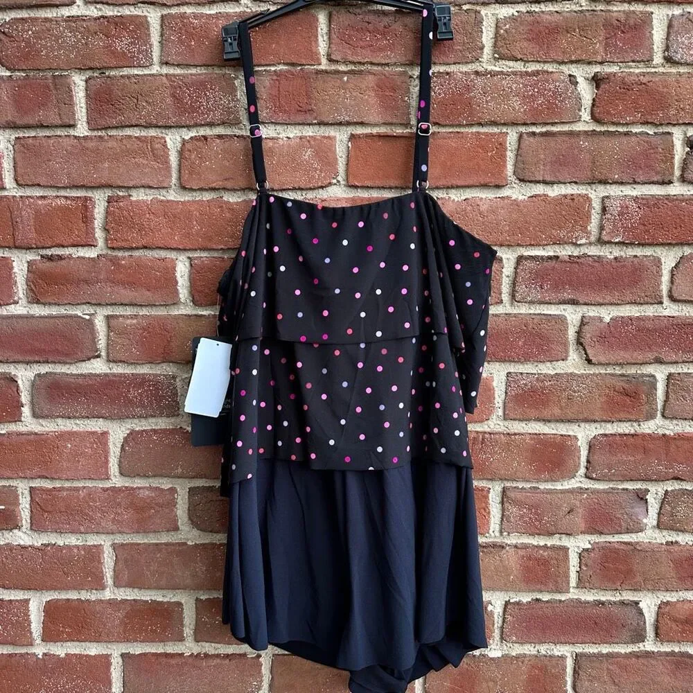 Miraclesuit $188 Roxy Romper Spot On Black Pink Slimming 18W NWT